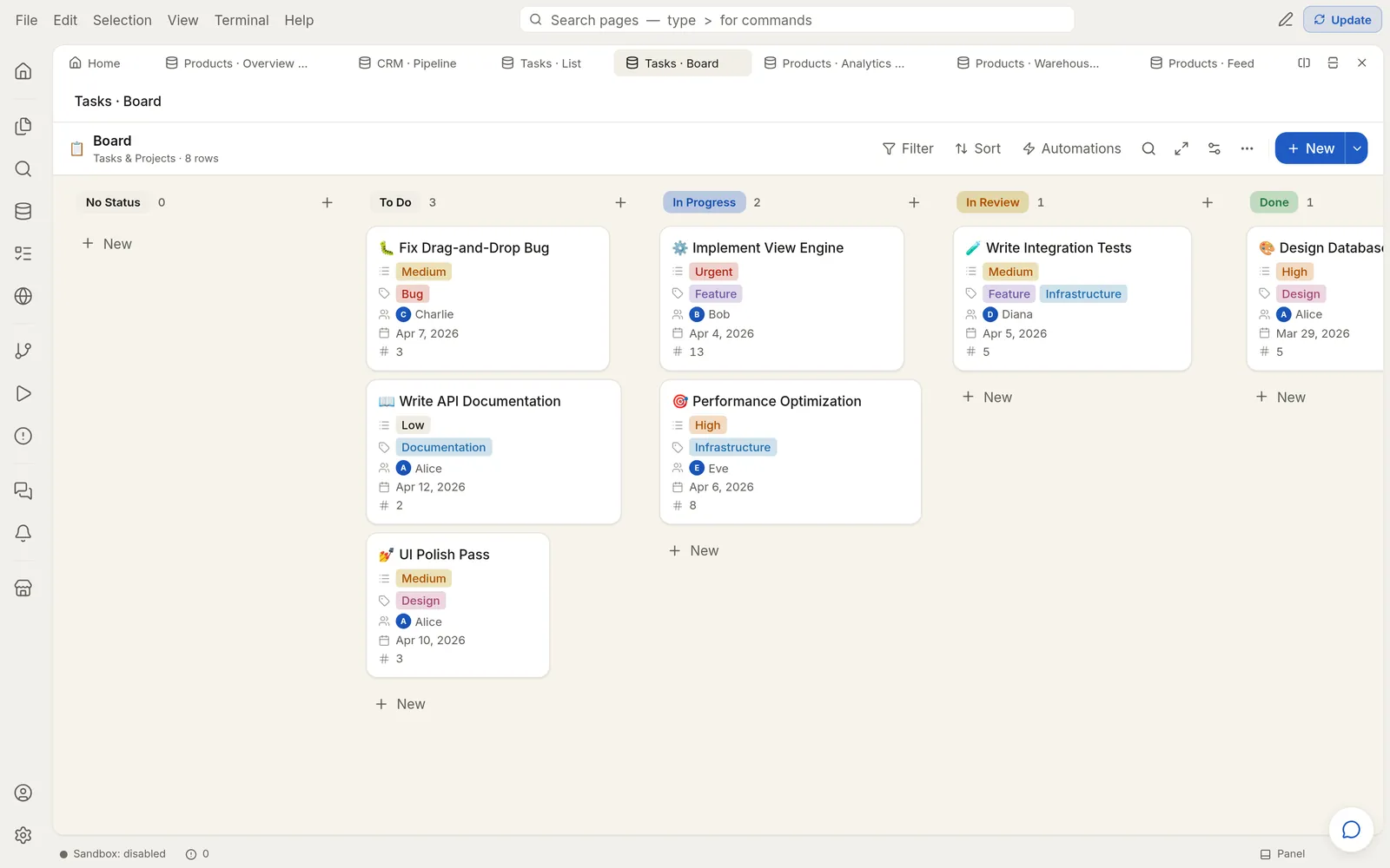 A tasks board with cards grouped by status, each card a row of the tasks database