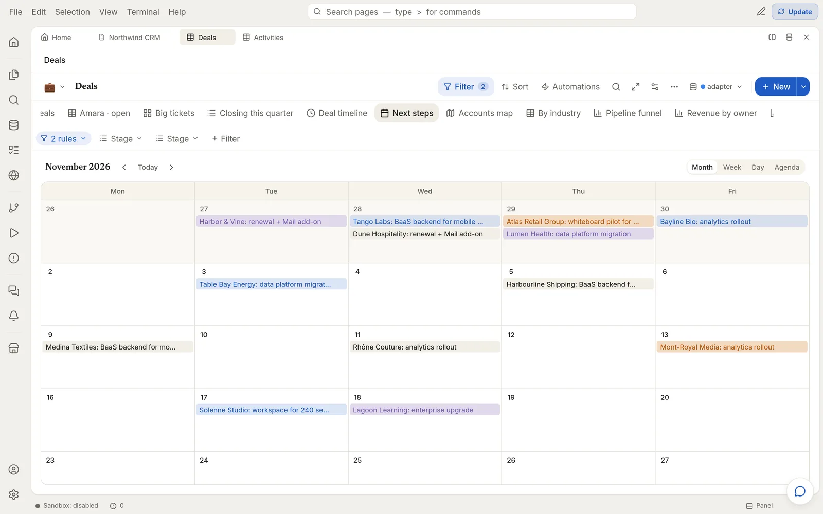 November 2026 in a calendar view of the same deals, each next step on its date and coloured by stage