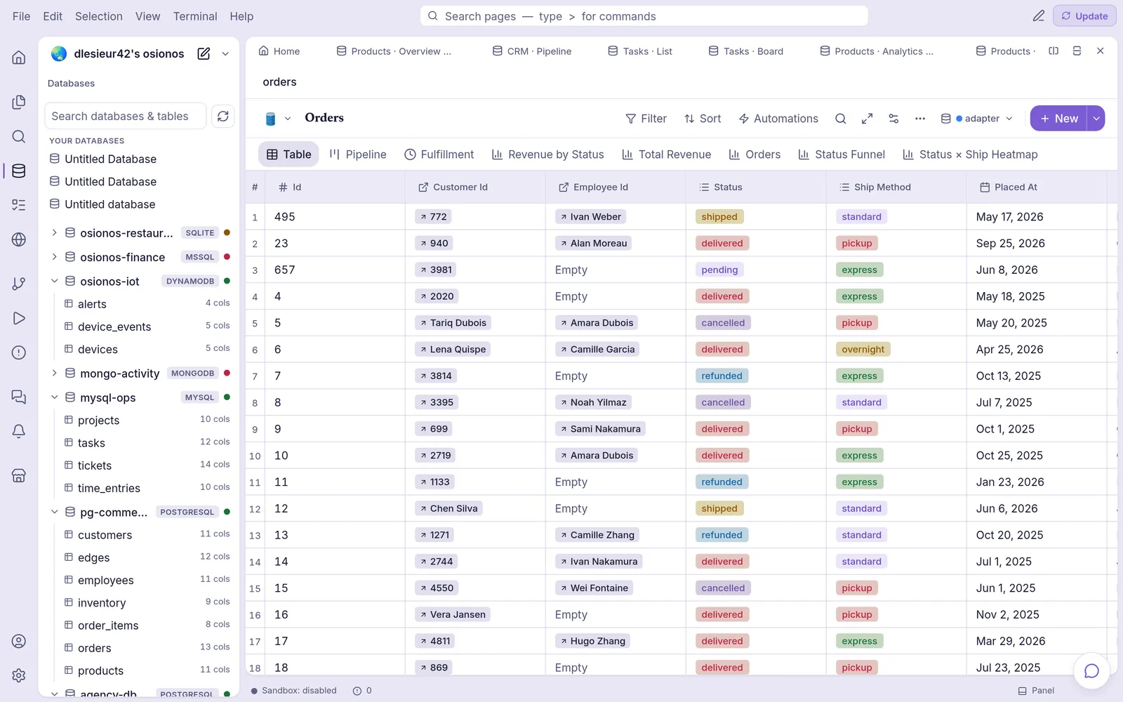 SQLite, SQL Server, DynamoDB, MongoDB, MySQL and PostgreSQL databases in one sidebar, with a PostgreSQL orders table open
