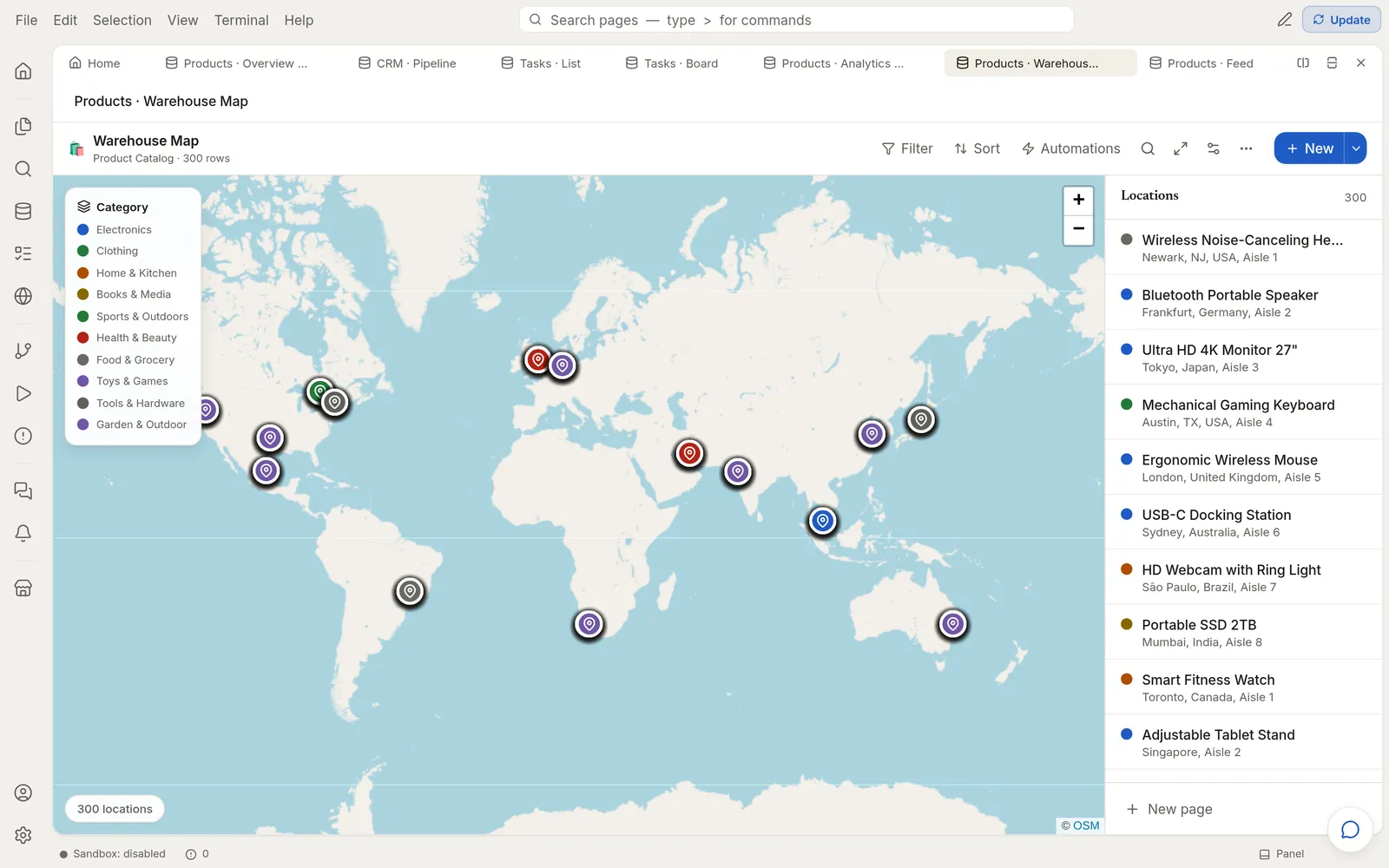 A world map with one pin per product warehouse, coloured by category, and the list of locations beside it