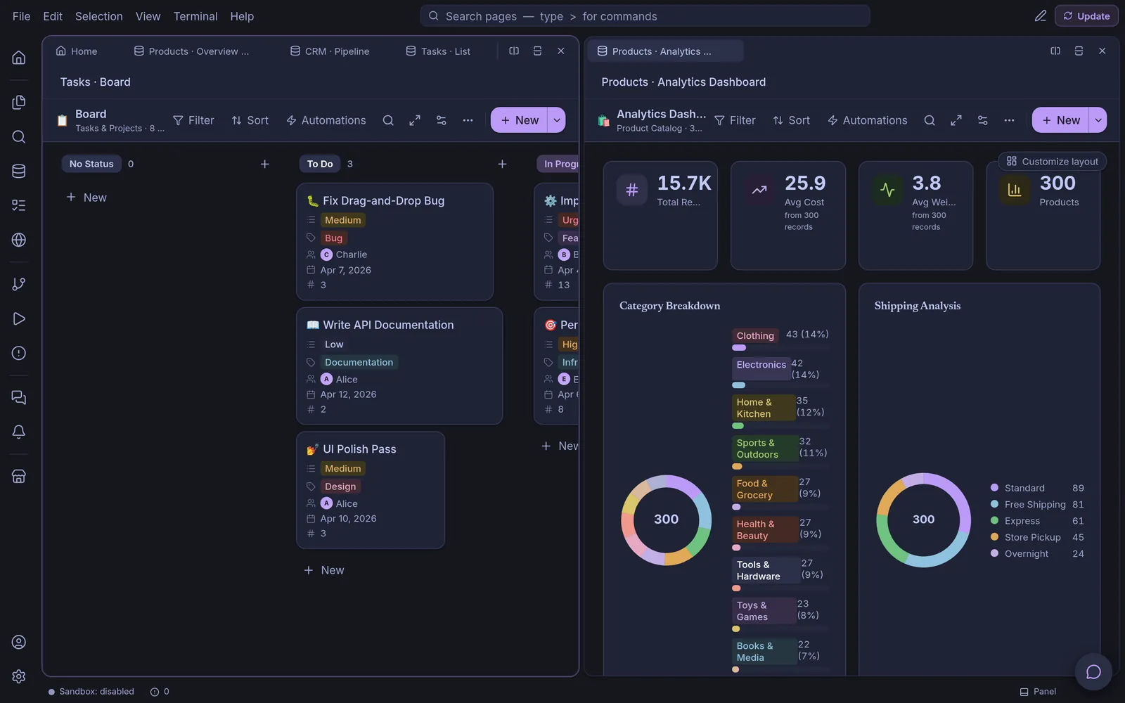The editor split in two: a tasks board on the left, the product analytics on the right, in the Midnight theme