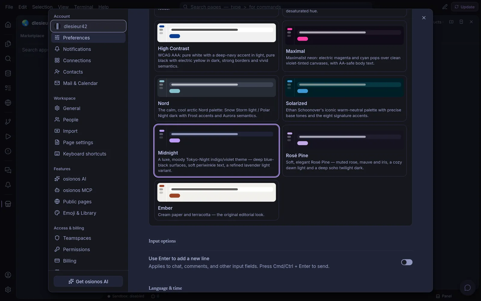 The preferences window listing colour themes: High Contrast, Maximal, Nord, Solarized, Midnight, Rosé Pine and Ember