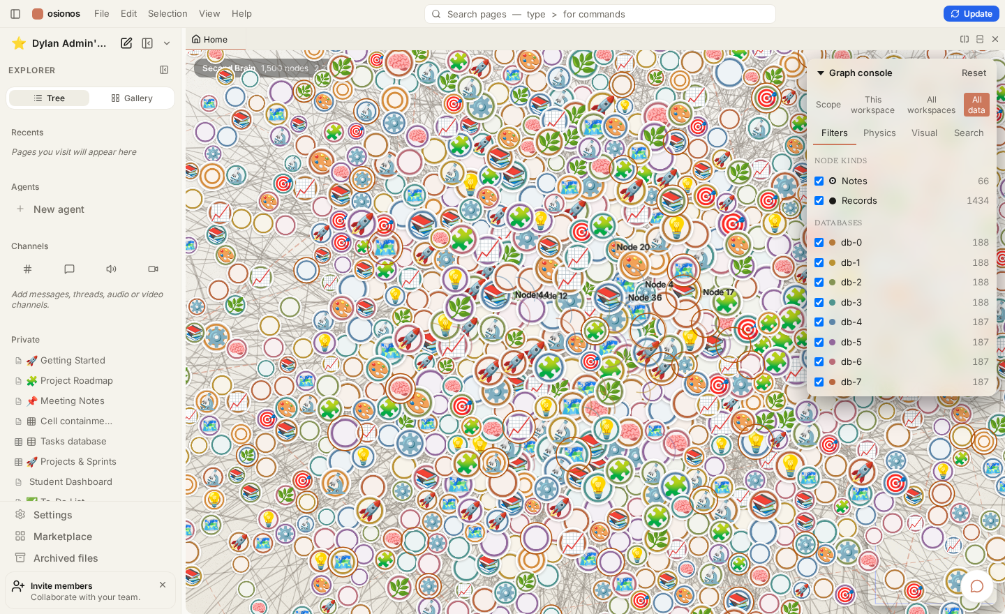 The osionos Second Brain force-directed graph with ~1,500 icon nodes and a live graph console.