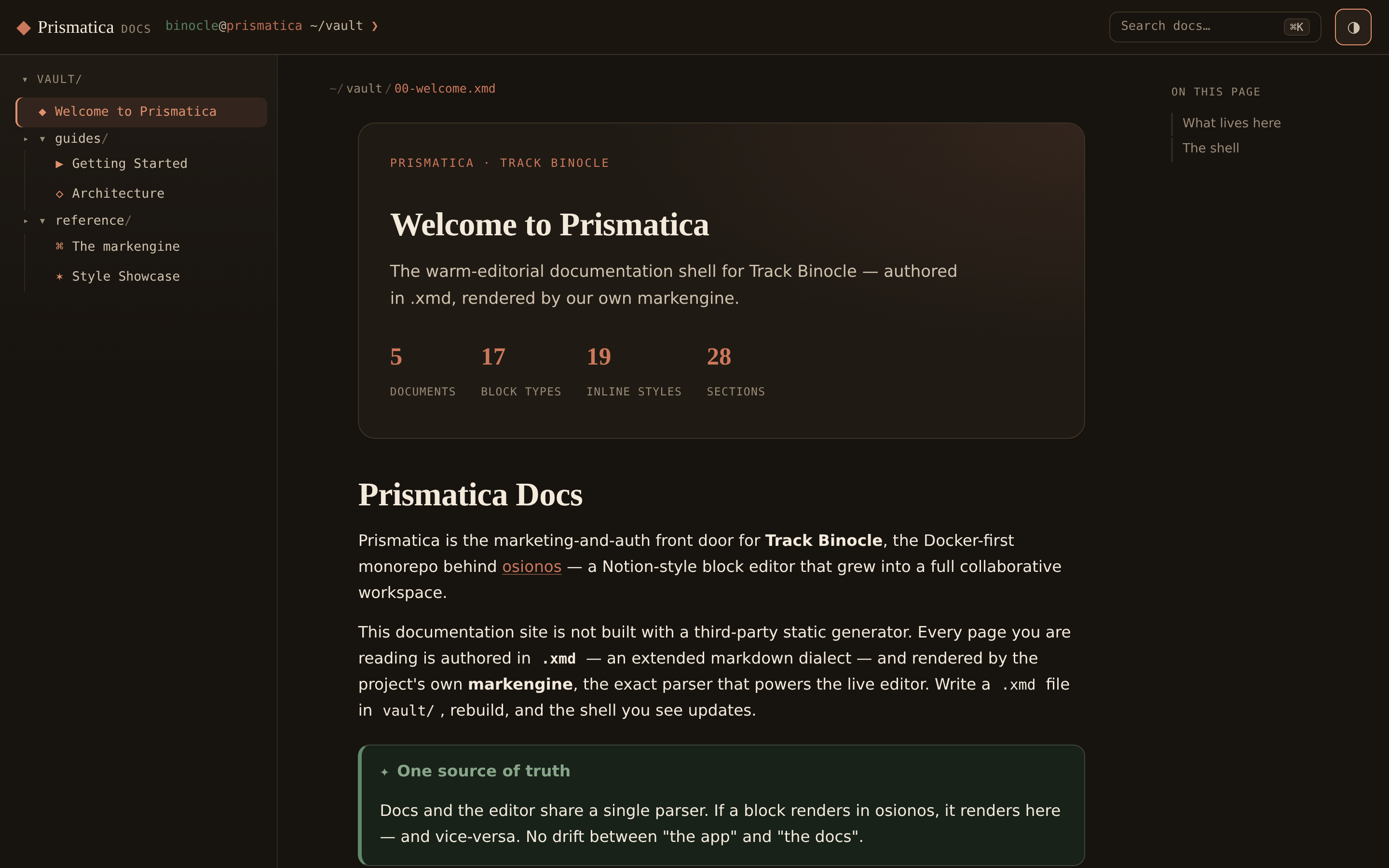 The Prismatica docs shell in dark (noir) theme.